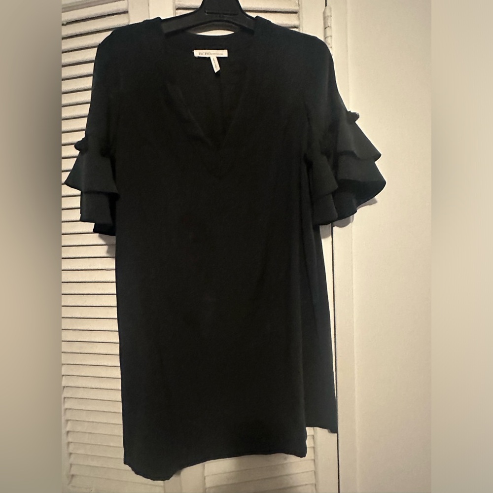BCBG Black Dress. With Pompom Sleeves. Size Small